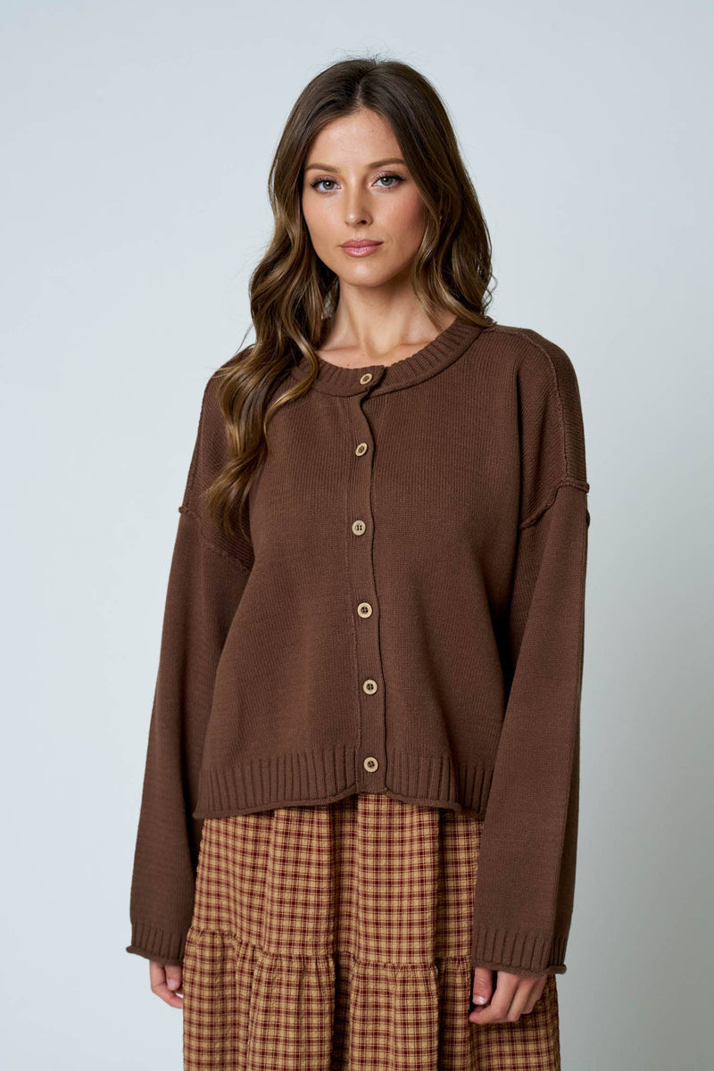 RAW EDGE EXPOSED SEAM BUTTON DOWN KNIT CARDIGAN