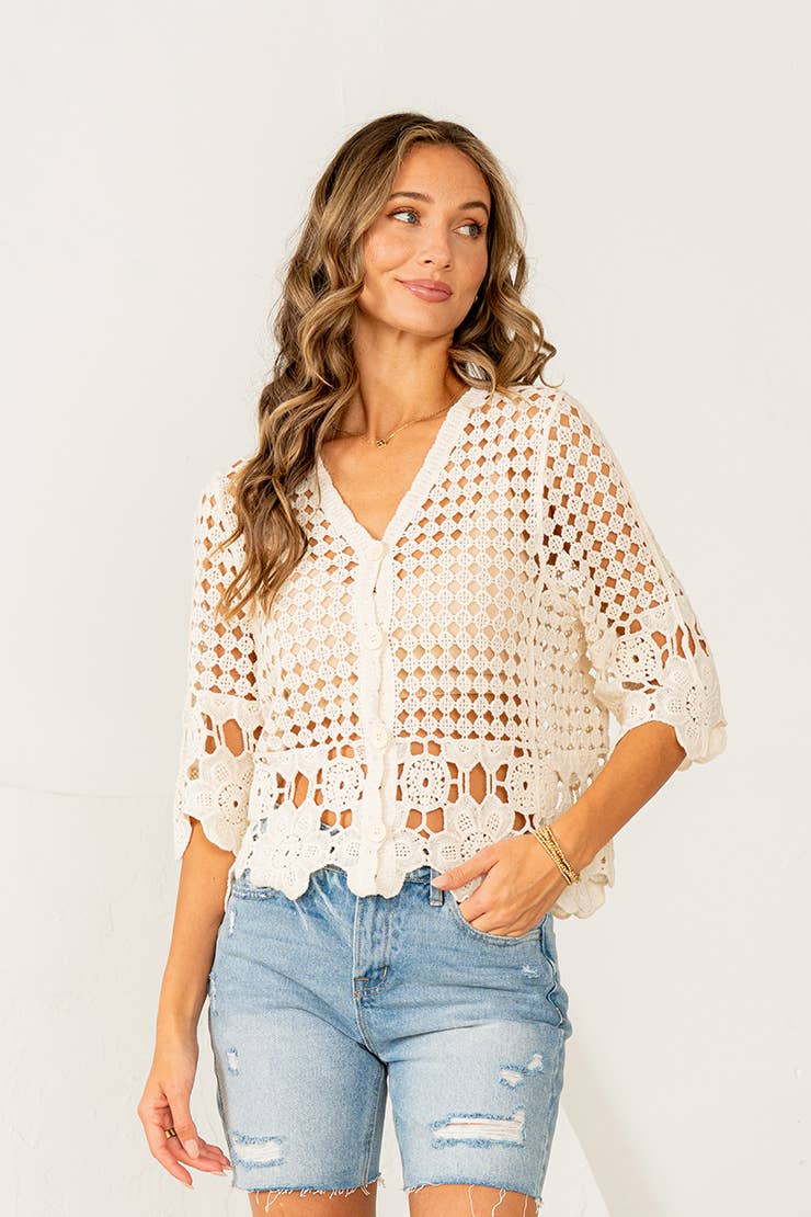 Relaxed Fit Crochet Lace Button Down Top