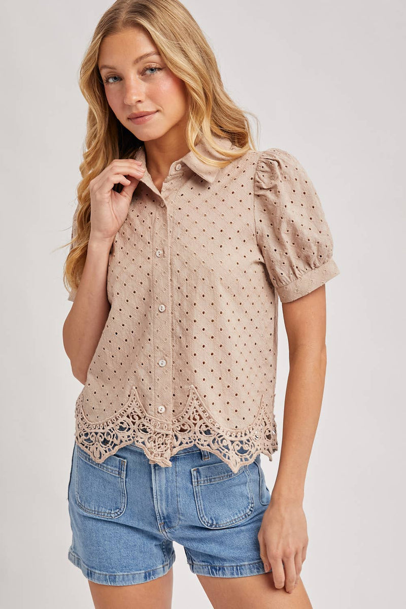 EYELET LACE TRIMMED BUBBLE SLEEVE SHIRT BLOUSE
