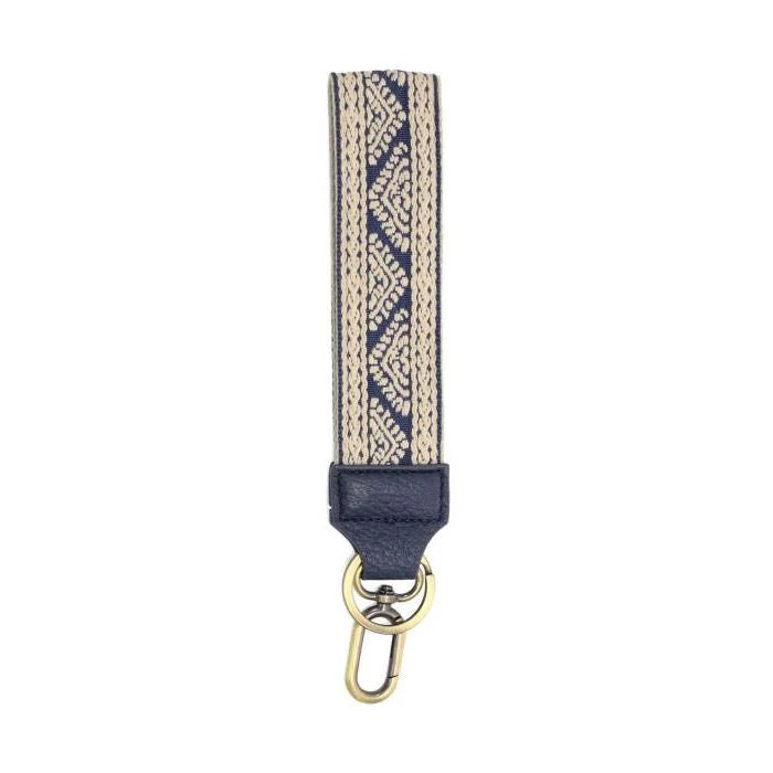 Joy Susan Easy Find Wristlet Keychain in Denim Geo Pyramid