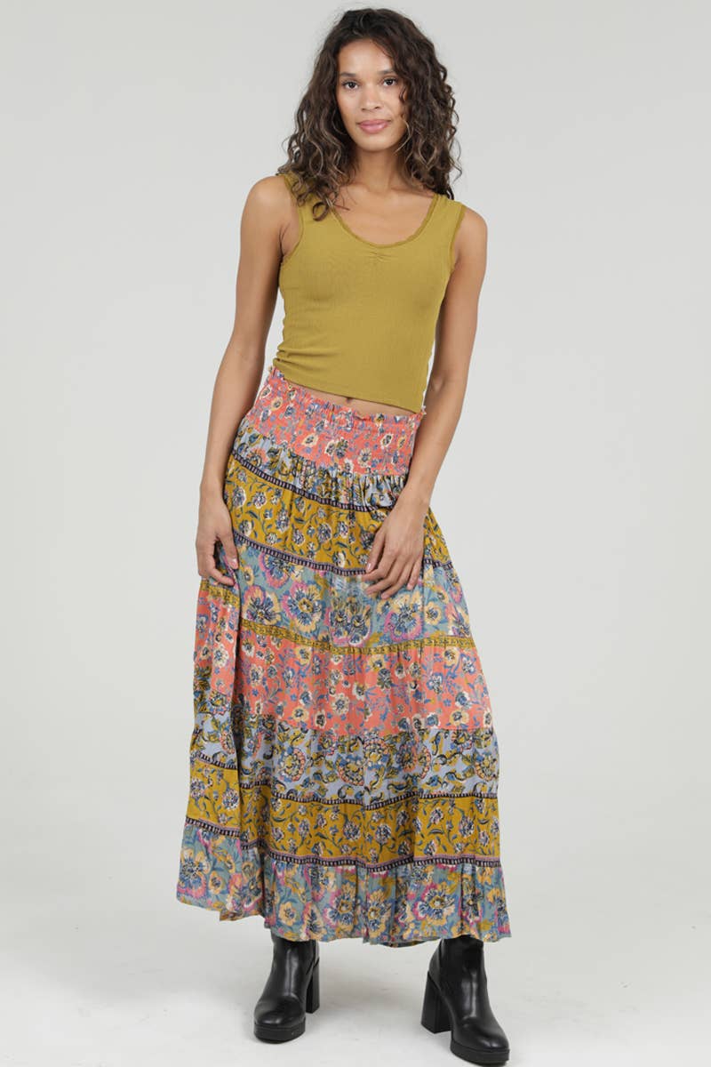 MIX PRINT TIERED A LINE MAXI SKIRT
