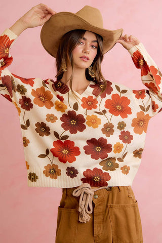 RETRO FLORAL PRINTED V NECK RELAXED FIT KNIT SWEATER