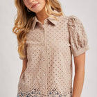 EYELET LACE TRIMMED BUBBLE SLEEVE SHIRT BLOUSE
