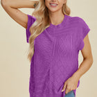 Double Take Full Size Cable-Knit Round Neck Cap Sleeve Sweater