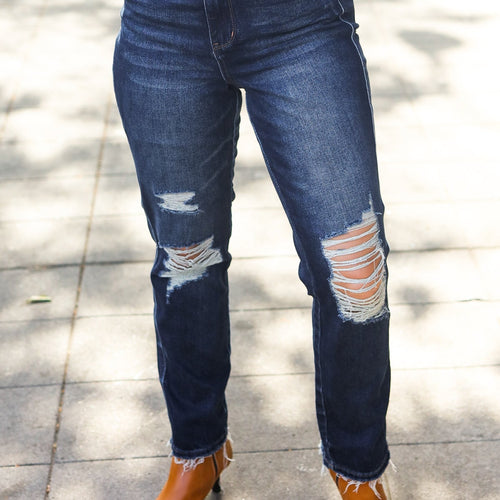 Judy Blue Dark Wash Mid Rise Distressed Straight Leg Jeans