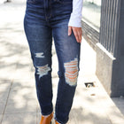 Judy Blue Dark Wash Mid Rise Distressed Straight Leg Jeans