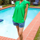 Sunny Days Kelly Green Banded V Neck Flutter Sleeve Top