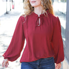 Feeling Femme Burgundy Frilled Edge V Neck Tie Top