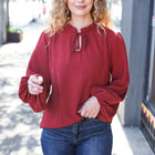 Feeling Femme Burgundy Frilled Edge V Neck Tie Top
