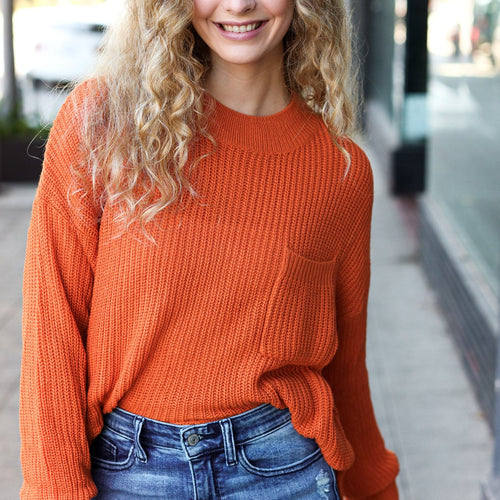 Pumpkin Spice Mock Neck Chest Pocket Knit Sweater