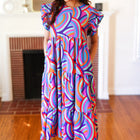 Feel Your Best Purple Abstract Print Smocked Ruffle Sleeve Maxi Dress
