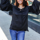 Live For Today Black Woven Front Tie Silky Blouse