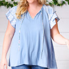 Blue Floral & Stripe V Neck Tie Double Flutter Sleeve Top