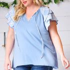 Blue Floral & Stripe V Neck Tie Double Flutter Sleeve Top