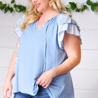 Blue Floral & Stripe V Neck Tie Double Flutter Sleeve Top