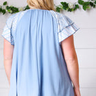 Blue Floral & Stripe V Neck Tie Double Flutter Sleeve Top