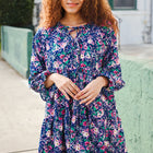 Feeling Joyful Navy Floral Bow Tie Babydoll Long Ruffle Sleeve Dress