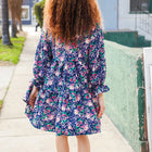 Feeling Joyful Navy Floral Bow Tie Babydoll Long Ruffle Sleeve Dress