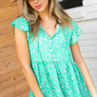 Green Floral Button Tie Neck Babydoll Top