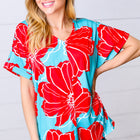 Teal & Cherry Red Floral Print V Neck Top
