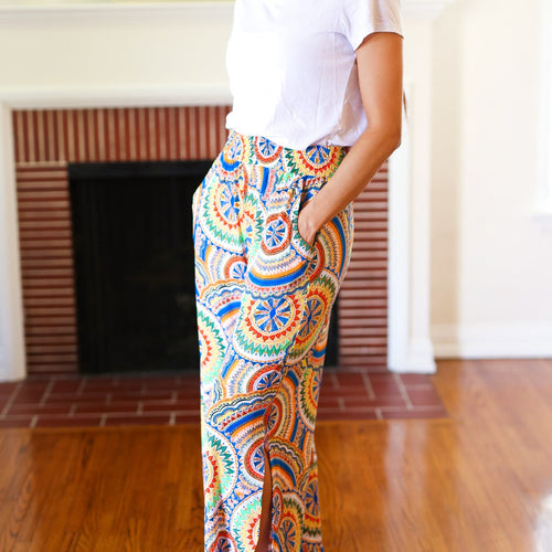 Multicolor Mandala Smocked Waist Side Slit Palazzo Pants