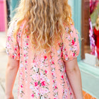 Peach Floral Front Keyhole Elastic Short Sleeve Top