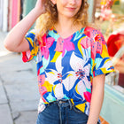 Navy & Yellow Tropical Floral V Neck Top