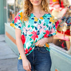 Teal & Coral Flat Floral V Neck Top