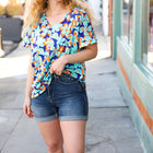 Blue & Orange Flat Floral V Neck Top