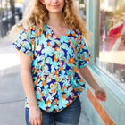 Blue & Orange Flat Floral V Neck Top