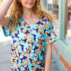 Blue & Orange Flat Floral V Neck Top
