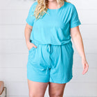 Ice Blue Brushed Knit Elastic Waist Pocketed Romper