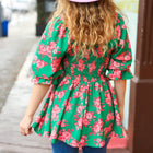 Sumptuous In Smocked Green & Coral Flower Print Babydoll Top