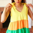 Yellow & Tangerine Tiered Shoulder Tie Crepe Top