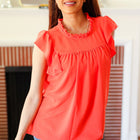 Red-Orange Mock Neck Flutter Sleeve Top (Copy)