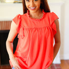 Red-Orange Mock Neck Flutter Sleeve Top (Copy)