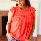 Red-Orange Mock Neck Flutter Sleeve Top (Copy)