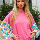 Lock Eyes Pink & Floral Bubble Sleeve French Terry Pullover