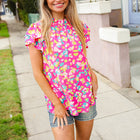 Feeling Femme in Pink Floral Print Frill Mock Neck Blouse