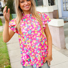 Feeling Femme in Pink Floral Print Frill Mock Neck Blouse