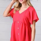 Cherry Red Babydoll Button Down Raglan Woven Top