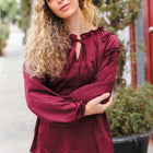 Holiday Vibes Burgundy Frill Detail Tie Neck Satin Top