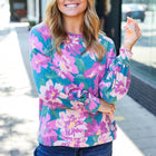 Feeling Femme Teal Floral Brushed Hacci Sweater Top