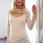 Cream Multicolor Stripe Round Neck Cut Out Top