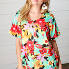 Multicolor Tropical Floral V Neck Drop Shoulder Top