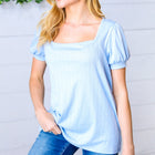 Light Blue Wide Rib Puff Sleeve Top