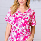 Magenta & White Geometric Floral V Neck Top