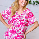 Magenta & White Geometric Floral V Neck Top