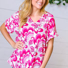 Magenta & White Geometric Floral V Neck Top