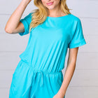 Ice Blue Brushed Knit Elastic Waist Pocketed Romper